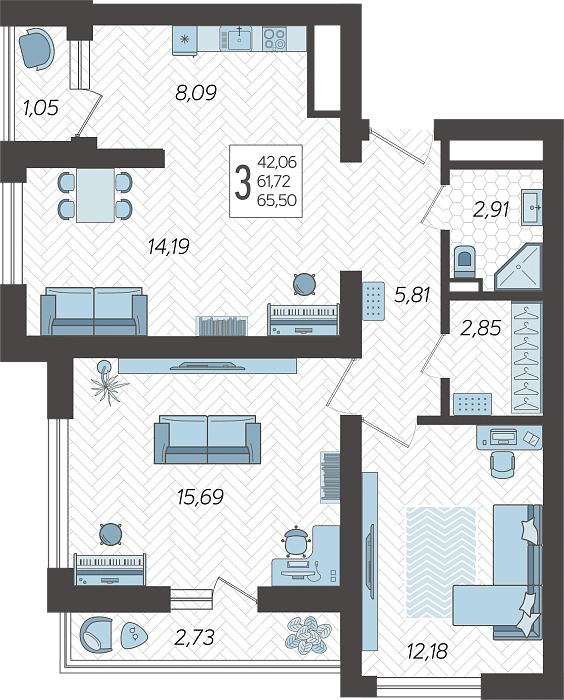 3-комнатная в ЖК «Кислород» Сочи