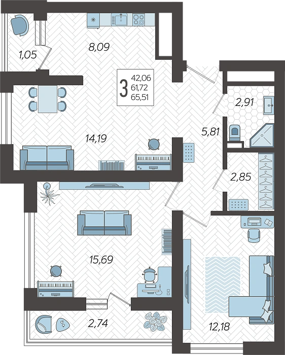 ЖК Кислород, 3-комнатная квартира №302, 65.51 м²