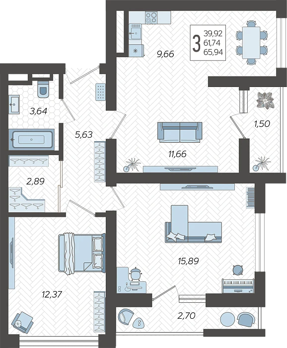 Квартира 3-комнатная 65.94 м² м² в Корпусе 9, ЖК Кислород Сочи