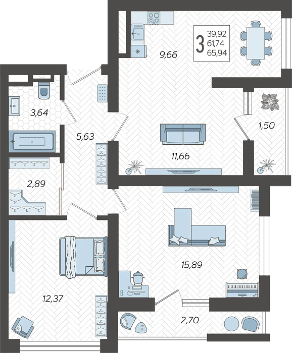 Квартира 3-комнатная 65.94 м² м² в Корпусе 9, ЖК Кислород Сочи