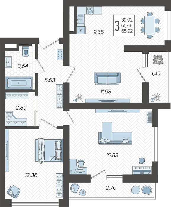 3-комнатная квартира №80, 65.92 м²