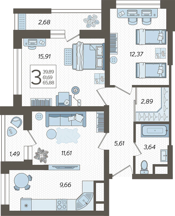 Квартира 3-комнатная 68.1 м² м² в Корпусе 2, ЖК Кислород Сочи